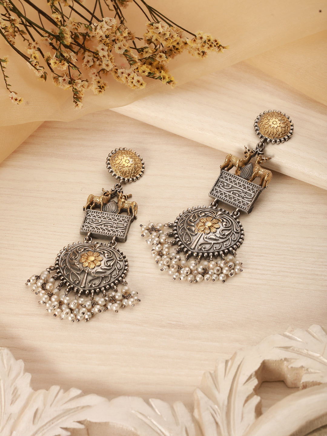 Silver Oxidised Dual Toned Deer Motif Tribal Dangler Chandbali Statement Earrings